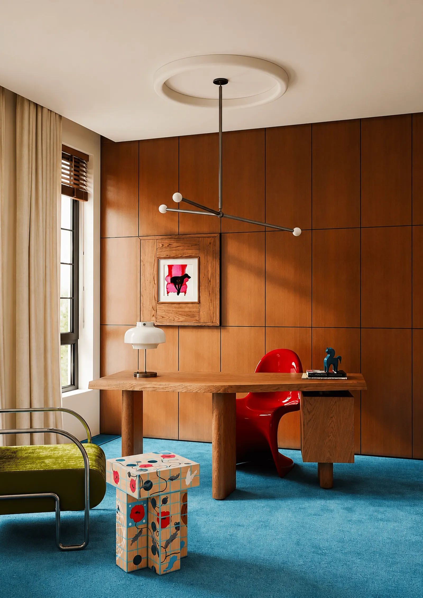 Bureau clair au tapis turquoise, mobilier design et grande fenêtre