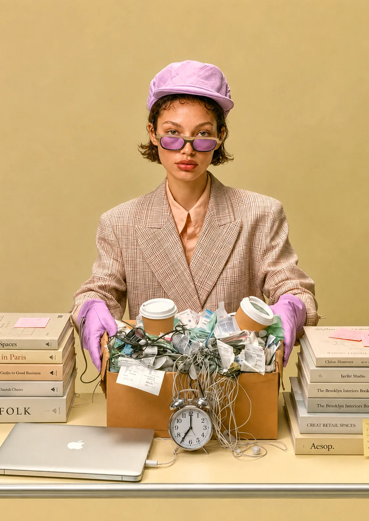 Bureau ordonné, carton de matériel et réveil, série Management
